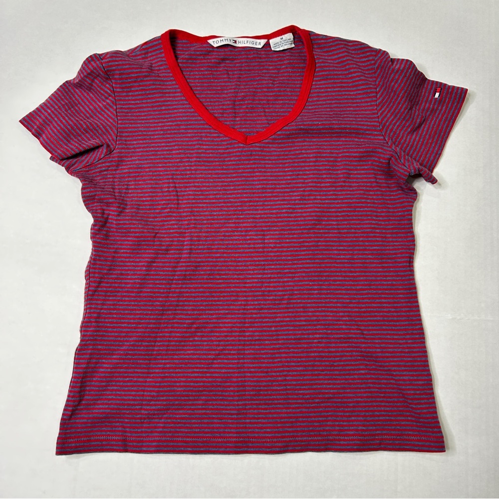 Tommy Hilfigerโ Women's Y2K Striped Red and Gray Top Medium